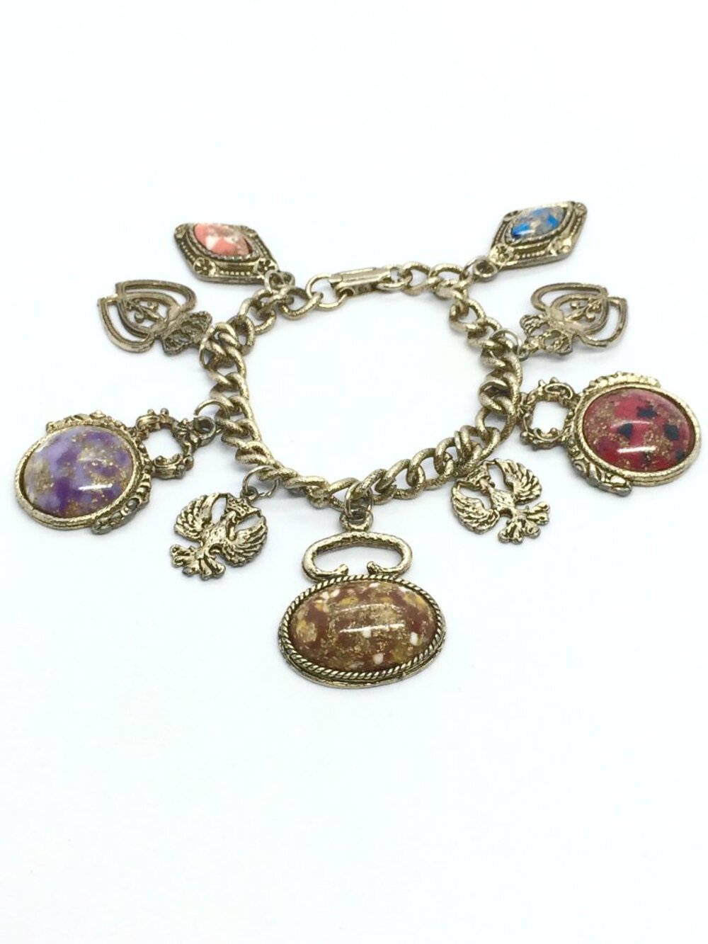 VINTAGE CHARM BRACELET Victorian Revival Faux Fob Eagle Cabochon Chunky 7"
